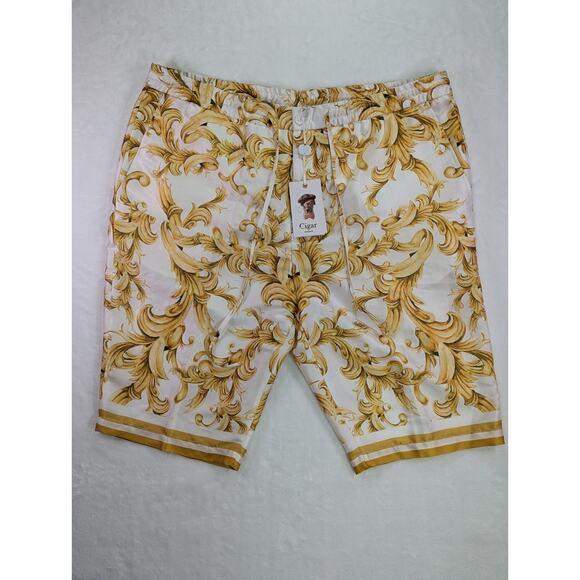 Gold 44W Baroque Style Print Elastic,Button, & Zip Shorts by Cigar Couture - Picture 1 of 11